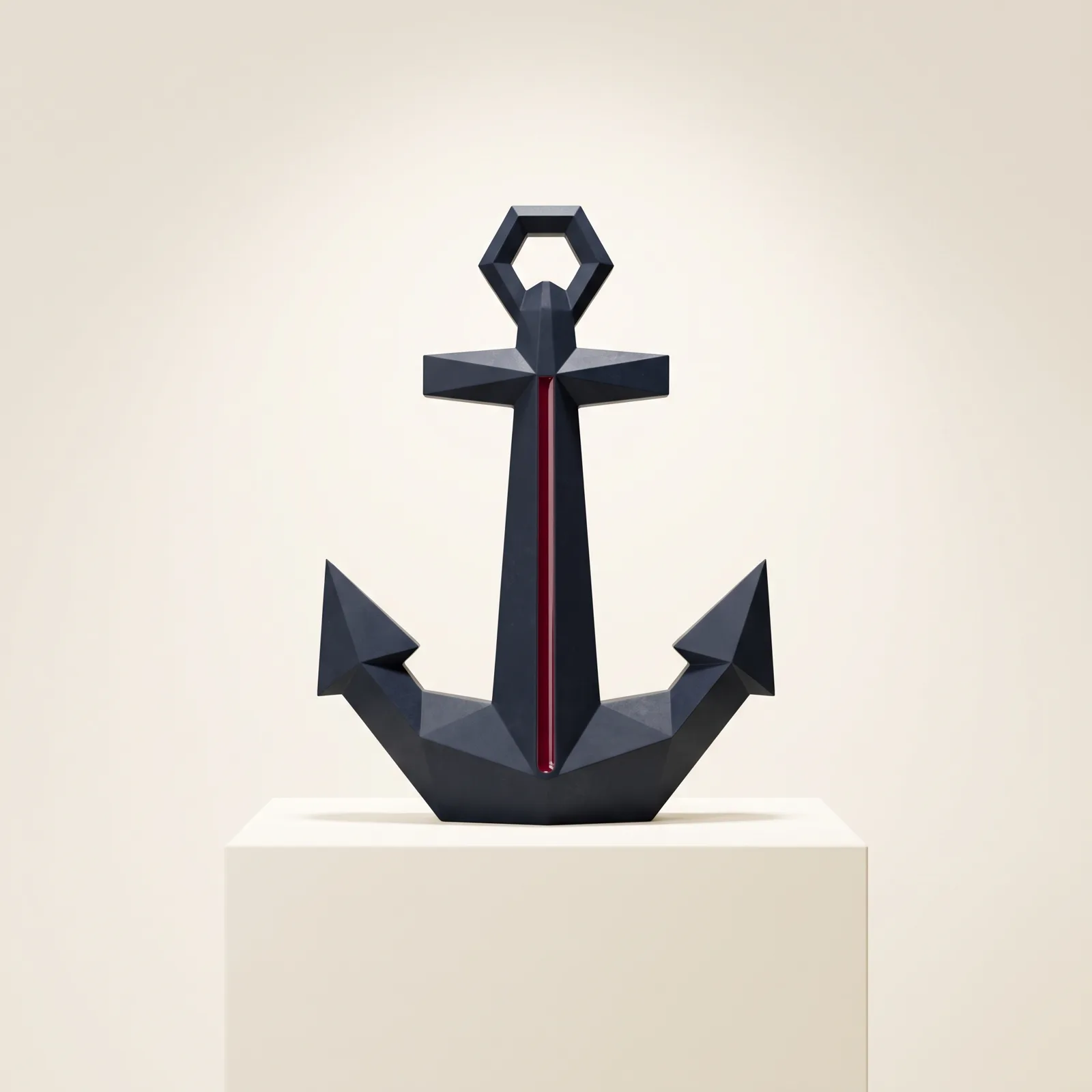 Abstract anchor sculpture — basalt and ivory with a crimson seam