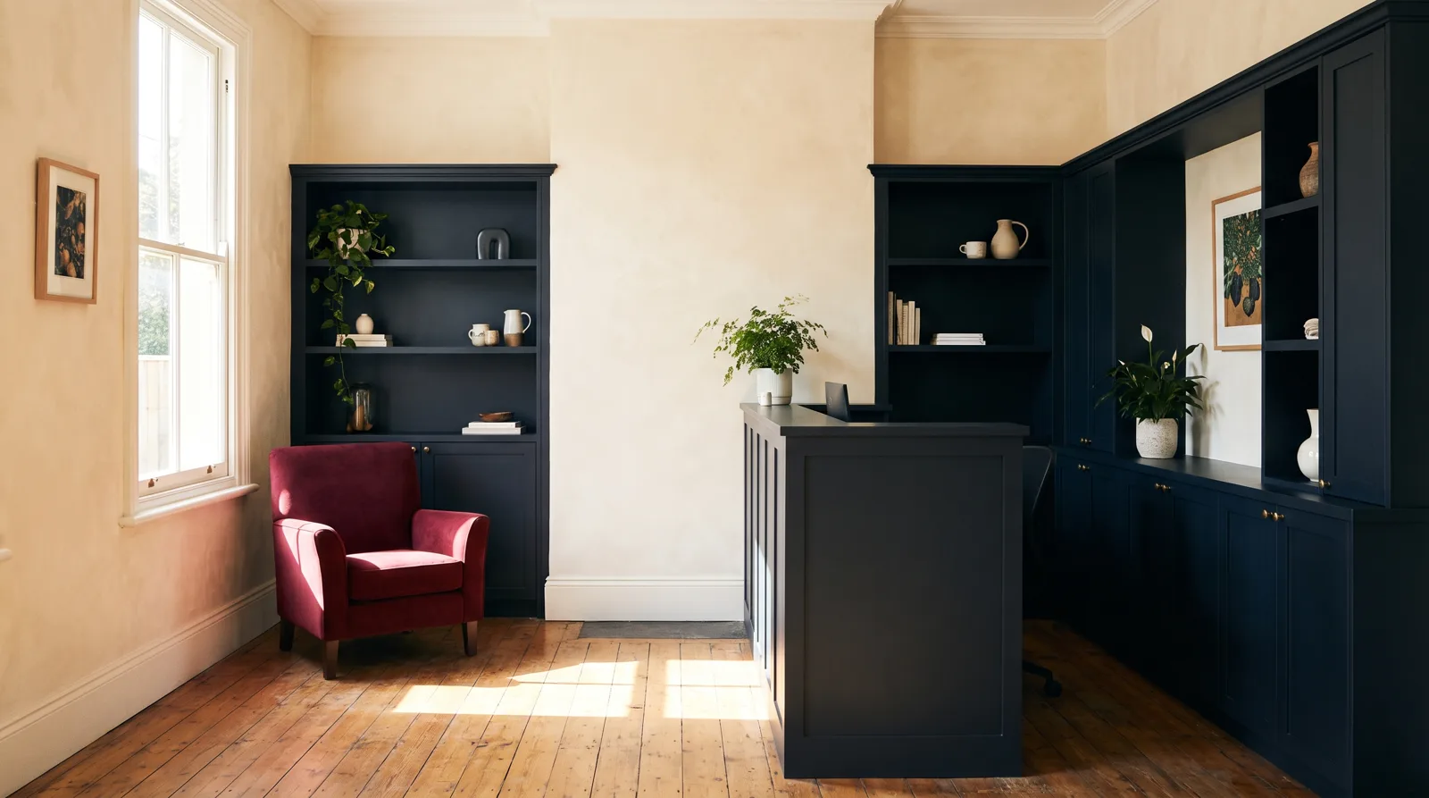 A working front office in warm directional light