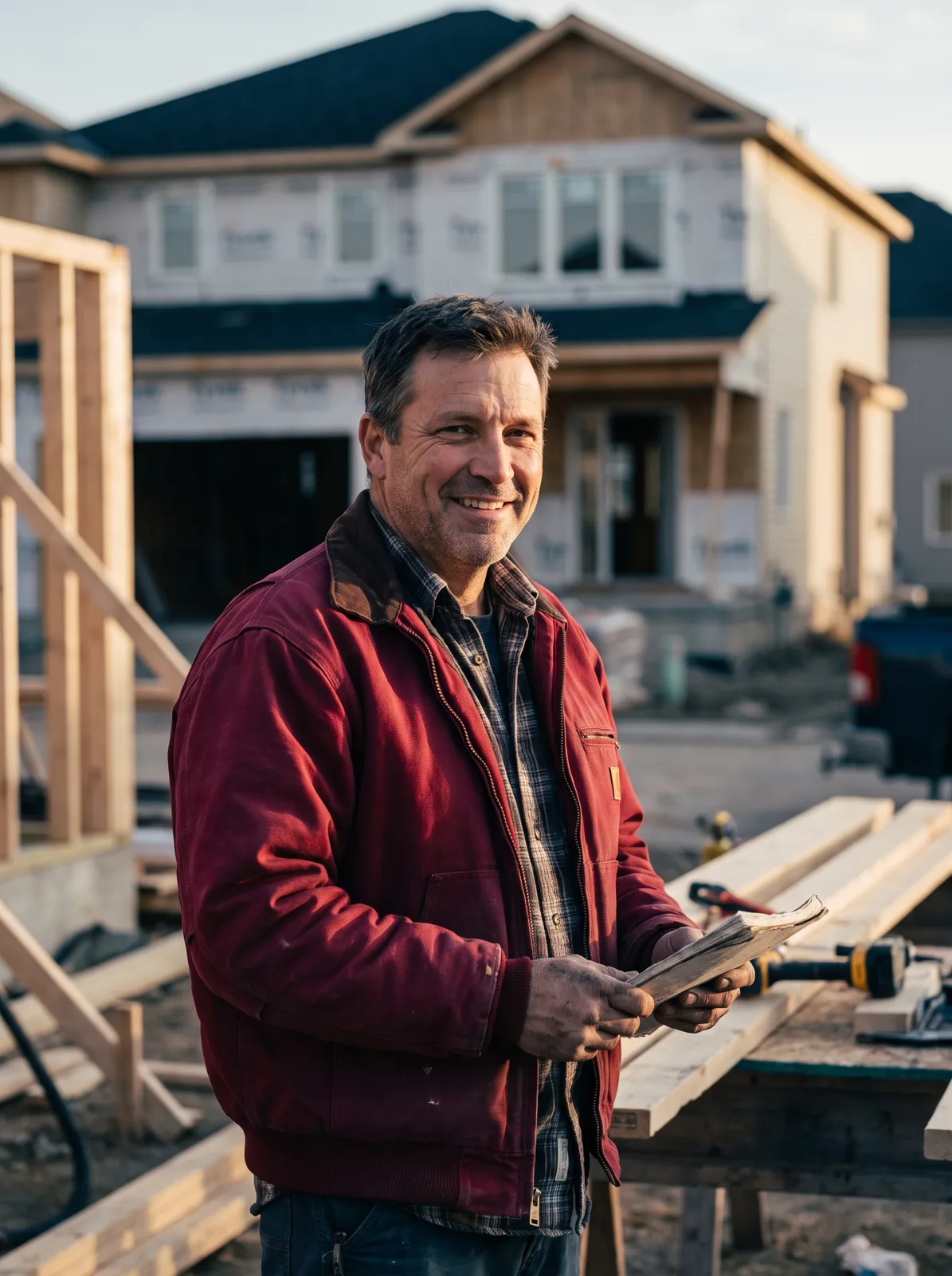 Business owner on a job site in directional morning light